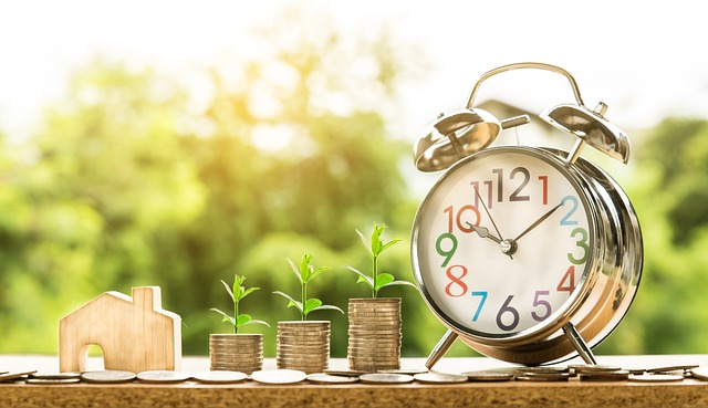 Relógio ao lado de moedas e plantas crescendo, simbolizando crescimento financeiro ao longo do tempo